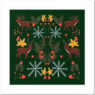 Christmas Reindeer and Holly Posters and Art